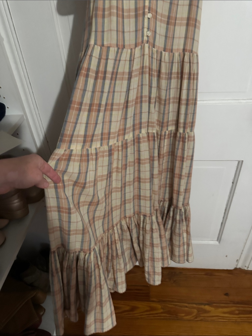 THE GREAT. Plaid Tiered Maxi Dress in Beige and Rust - Picture 8 of 9